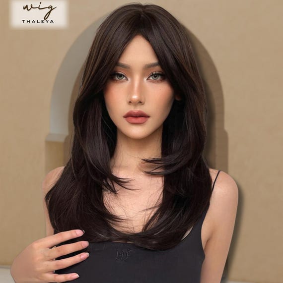 Dark Brown Synthetic Straight Wig With Bangs, 24 Inch Heat  display picture 3