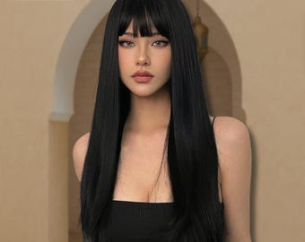 Long Straight Black Brown Wig With Bangs, Heat Resistant  display picture 2