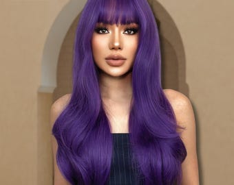 Peruca roxa longa, em camadas e cacheada com franja, 66 cm (26 polegadas), cabelo sintético, estilo volumoso e resistente ao calor, ideal para cosplay e uso diário, um ótimo presente para ela.