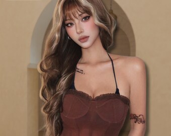 Long Wavy Brown Wig, Blonde Highlights Synthetic Hair, Heat Resistant Fluffy Style for Women, Cosplay Party Daily Wear, Gift for Her