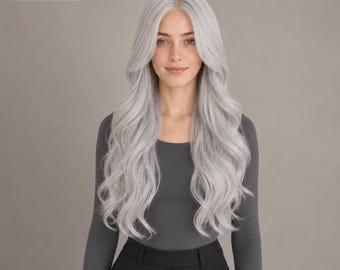 May include: A long, wavy, light silver-gray wig with a center part. The hair features soft, loose curls that cascade down the shoulders. In the upper left corner, a small white label displays the text wig THALEYA in black lettering.