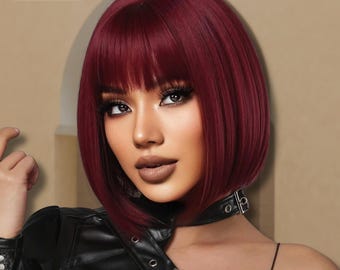 Perruque carrée bordeaux, perruque synthétique courte et droite pour femme, perruque multicolore bordeaux et noire à porter au quotidien et pour une soirée, cadeau pour elle