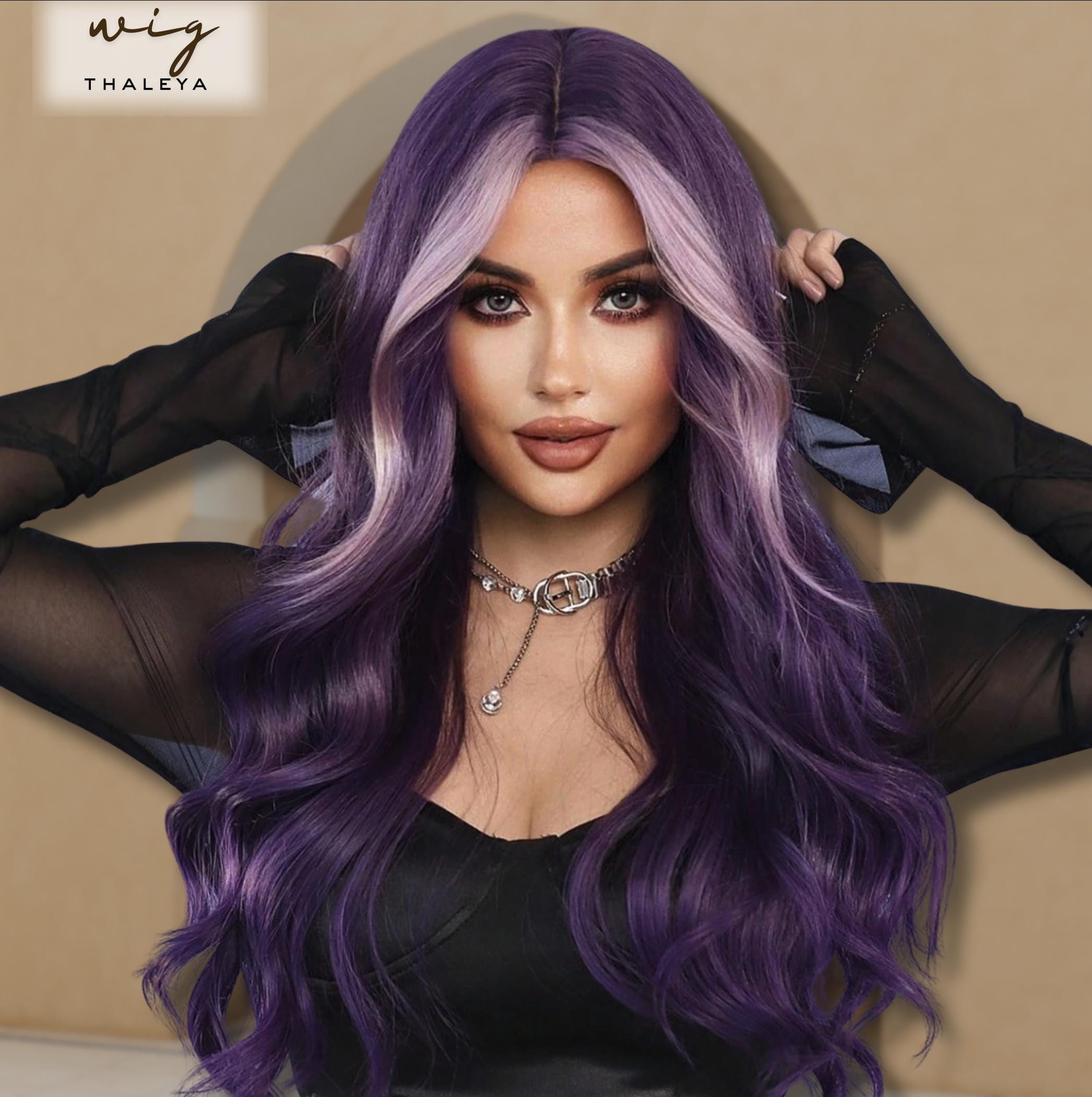 Long Wavy Violet Wig, Skunk Stripe Synthetic Hair, Middle Part