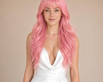 Pink Long Curly Wig with Bangs, Synthetic Cosplay Wig for Women, Daily Wear Party and Costume Wig, Gift for Her