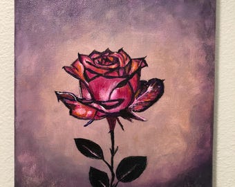 Rosa dipinta a mano con sfondo viola - Dipinto acrilico 8"x10", pronto da appendere