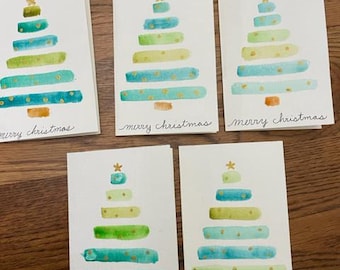 Tarjetas navideñas pintadas a mano con forma de árbol de Navidad - Juego de 5 tarjetas