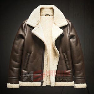 Men&#39;s Brown Shearling Leather Aviator Jacket | Real Sheepskin Fur