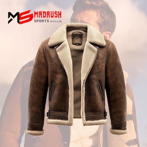 Shearling B3 Bomber Jacket: Brown Sheepskin Leather Aviator Coat Gift for Him.