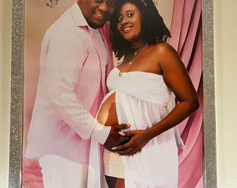 Custom Printed Portrait. With silver mirror and rhinestones with LED light on the back.