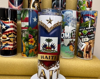 Haitian Tumbler 20 oz Patriotic Design Featuring Haitian Flag and Cultural Elements