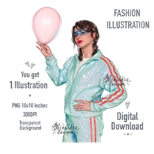 Può includere: Illustrazione di moda digitale di una persona in tuta azzurra con strisce rosse, che tiene in mano un palloncino rosa. L'illustrazione include il testo "Fashion Illustration" e "Digital Download". L'immagine è di 25,4 x 25,4 cm.