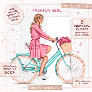 May include: Digital illustration of a woman riding a teal bicycle with a basket of pink flowers. She wears a pink polka-dot dress. The image includes text that says "Fashion Girl", "5 Individual Clipart", and "High-Quality PNG Files 300 DPI".