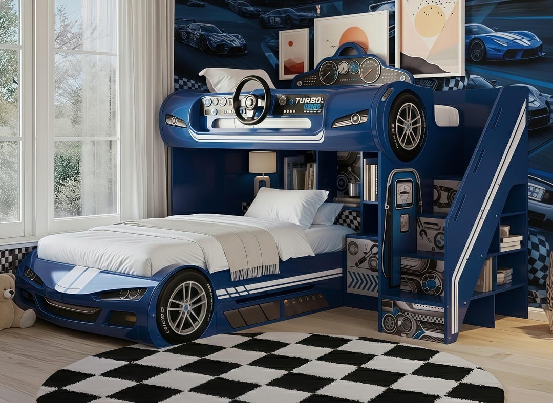 Turbo Blue Race Car Bunk Bed With Steering Wheel & Storage Stairs - Etsy