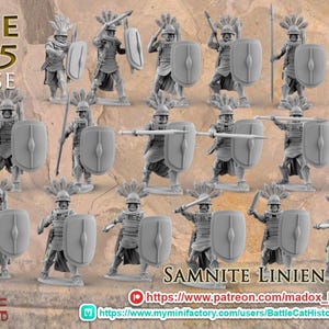 May include: A collection of gray miniature Samnite Linien Legion figures, each holding a shield and weapon. The image includes text that reads "JUNE 2025 RELEASE" and "SAMNITE LINIEN LEGION".
