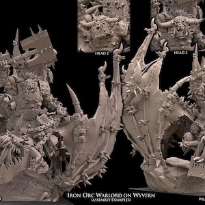 May include: A detailed, grey 3D model of an Iron Orc Warlord riding a Wyvern, with spiked armour and weaponry. The image includes close-ups of the Warlord's head and the Wyvern's wings. Text at the bottom reads "Iron Orc Warlord on Wyvern (Assembly Examples)".
