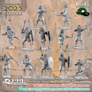 May include: A collection of unpainted miniature figures of Carthaginian Numidian archers and javelin throwers. The figures are in various action poses, holding bows, spears, and shields. The text "November 2025 Release" is visible.