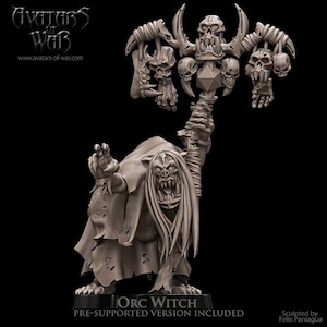 Peut inclure: Figurine détaillée d'une Orc Witch grise, avec une expression menaçante, de longs cheveux et des vêtements déchirés. Elle tient un bâton orné de crânes et de membres coupés. La base indique "Orc Witch".