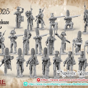 May include: A collection of miniature Napoleonic Spanish Infantry figures, in various poses, with rifles and bayonets. The figures are grey and are labeled as a May 2025 release. The image also includes the text "PRE SUPPORTED".