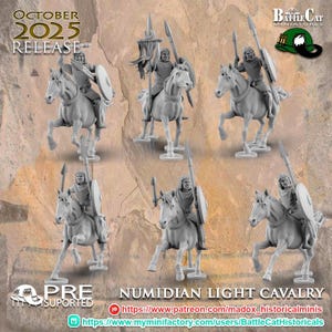 May include: A collection of gray Numidian Light Cavalry miniatures, each mounted on a horse and holding a spear and shield. The figures are in dynamic poses, with the text "OCTOBER 2025 RELEASE" and "PRE SUPPORTED" visible.