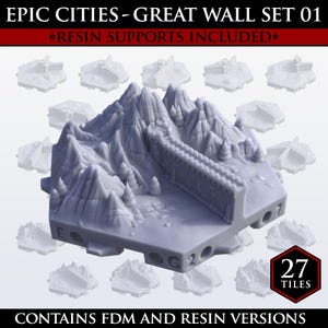May include: A gray 3D-printed model of the Great Wall of China, part of the Epic Cities series. The set includes 27 tiles and resin supports. The model features detailed mountain and wall structures, with text that reads "EPIC CITIES - GREAT WALL SET 01".
