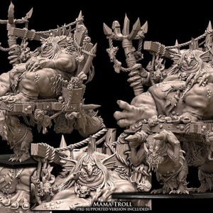 May include: A detailed 3D-printed model of a Mama Troll, seated on a throne-like structure. The model is beige and features intricate details, including a trident, skulls, and various creatures. The text "MAMA TROLL (PRE-SUPPORTED VERSION INCLUDED)" is visible.