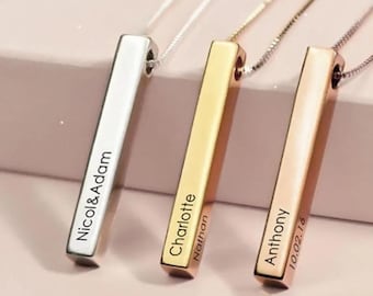 Custom Engraved Bar Necklace – 4 sided Personalized Vertical Bar Necklaces for Woman, Stainless Steel Name Necklace, Gift for Her or Him