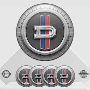 May include: A set of custom-made car emblems. The emblems feature a silver border, a black textured center, and a stylized "D" with blue and red stripes. The image includes a warranty badge.