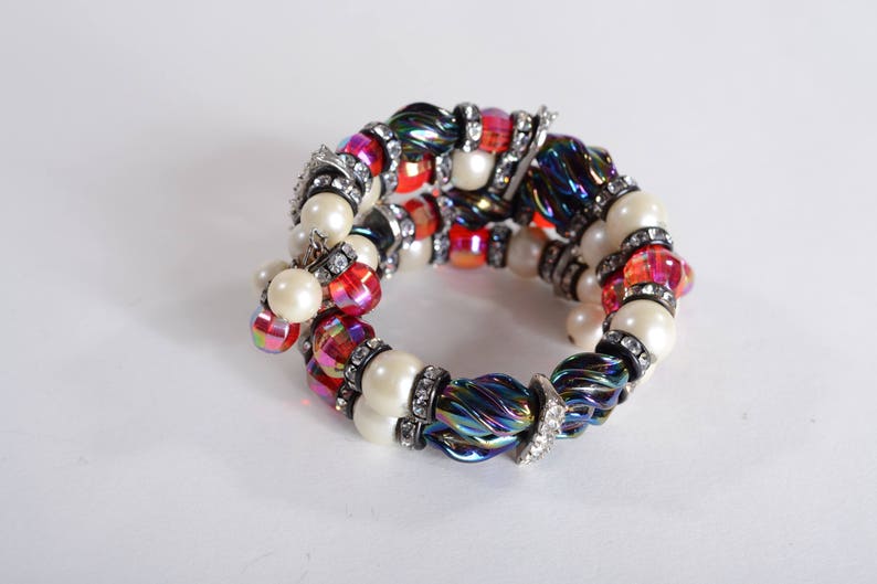 Red Blue Faux Pearl Wedding Bridal Fashions Vintage Beaded Rhinestone Wrap Bracelet