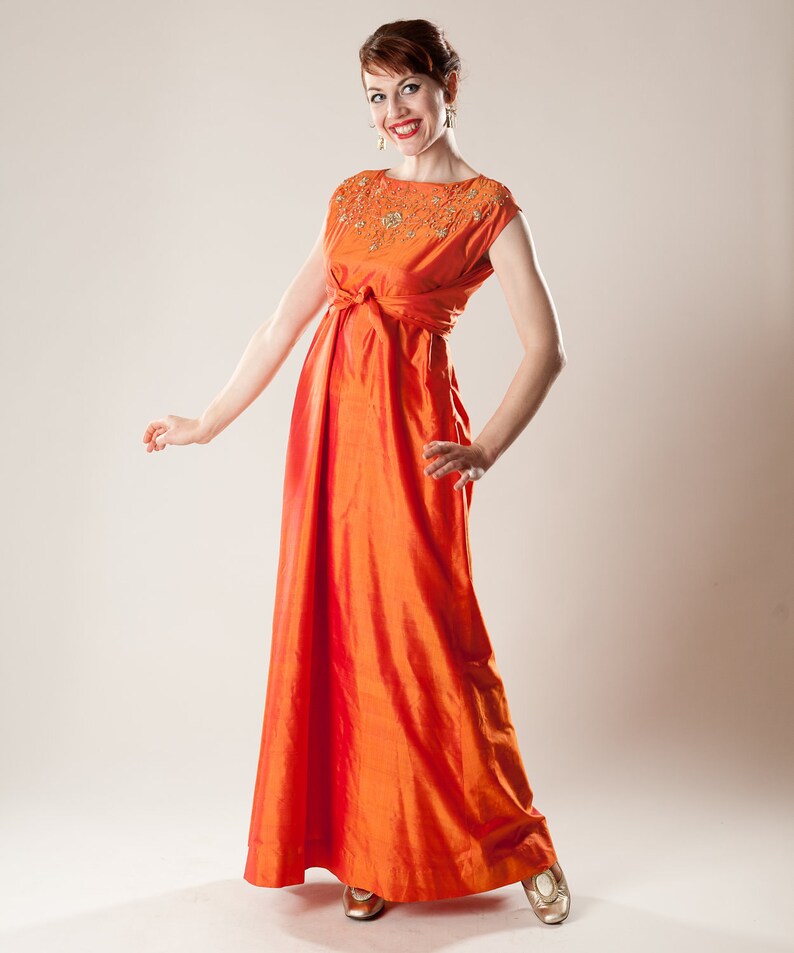 VOA Heavy Silk Orange Printed Runway Dress Women Long Dresses Fall Slim Short Sleeve Chinese 