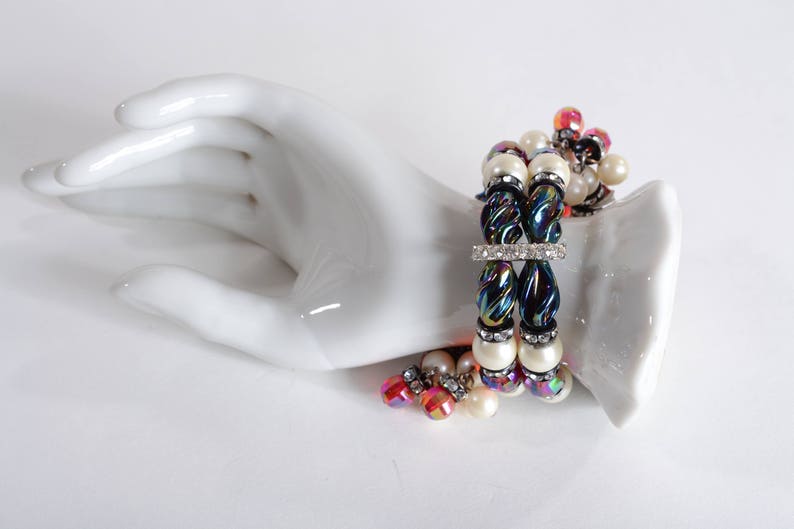 Red Blue Faux Pearl Wedding Bridal Fashions Vintage Beaded Rhinestone Wrap Bracelet