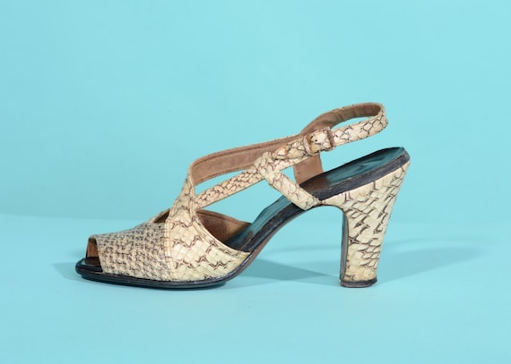 Vintage 1940s Snakeskin Shoes - Caged Peep Toe -