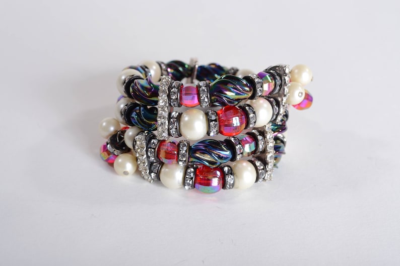 Red Blue Faux Pearl Wedding Bridal Fashions Vintage Beaded Rhinestone Wrap Bracelet