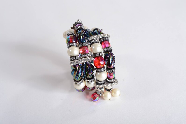 Red Blue Faux Pearl Wedding Bridal Fashions Vintage Beaded Rhinestone Wrap Bracelet