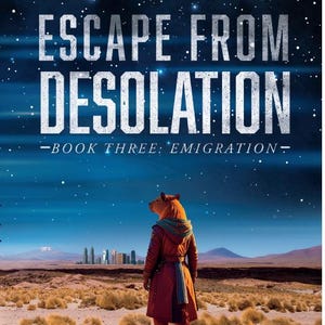 May include: Book cover for "Escape From Desolation: Book Three: Emigration" by Robert E. Glahe. The cover features a humanoid figure with an animal head, wearing a red coat, standing in a desert landscape with a city in the distance under a starry sky.
