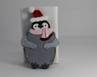 Baby Emperor Penguin Flat Ornament with Christmas Hat and Pink Scarf