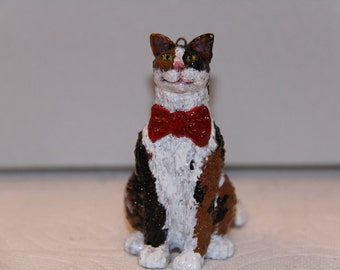 Calico Cat with Red Bow, 100% Handmade