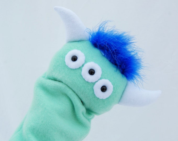 Mint Green and Blue Hand Puppet Baby Three Eyed Monster Plush Etsy