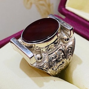 Agate Ring Nadeem Sarwar's Design Haqeeq Ring Unique Design Handmade Band Engraved Ring Dark Brown Stone