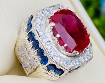 Baguette Cut Red Ruby Ring: 925 Sterling Silver, Yaqoot Stone, Pure SilveRing, Men Ring, Women Ring