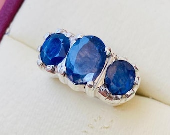 Original Sapphire Band, Three Stone Neelam Ring, Silver Handmade Unisex Jewelry