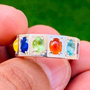 Multi Stone Ring: White Opal, Yemeni Aqeeq in Red, Brown, Black, Ruby, Peridot, Sapphire, Coral, Moonstone, Emerald, Aqua Stone, Round Band