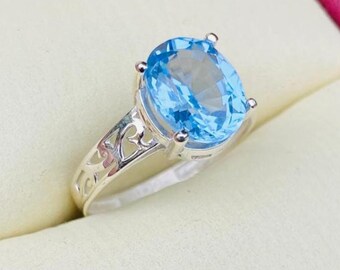 Handmade Blue Topaz Stone Ring: 925 Sterling Silver Ladies Topaz Band Natural Topaz
