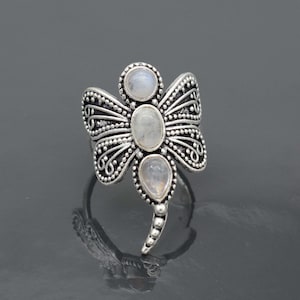 Moonstone Butterfly Ring Sterling Silver, Handmade Boho Adjustable Jewelry, Unique Insect Statement Ring, Gift for Women