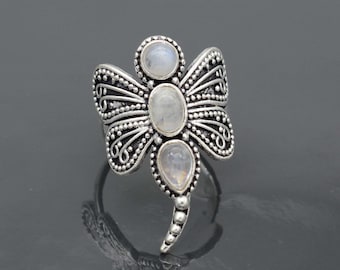 Moonstone Butterfly Ring Sterling Silver, Handmade Boho Adjustable Jewelry, Unique Insect Statement Ring, Gift for Women