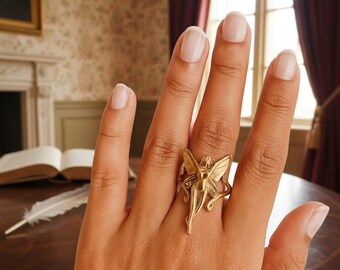 Brass Fairy Ring for Women – Handmade Faerie Angel Ring, Adjustable Gold Tone Ring, Gift for Girlfriend, Unique Boho Jewelry For Gift