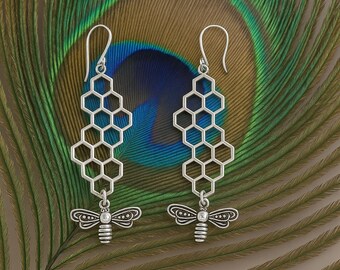 Handmade Honeycomb Bee Dangle Earrings, Boho Silver Drop Earrings, Nature Inspired Jewelry, Eco Friendly Bee Earrings, Gift for Her