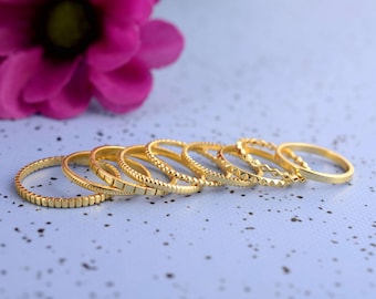 Gold Textured Stacking Ring Set, 9 Pcs Boho Brass Band Rings, Minimalist Layering Jewelry, Dainty Adjustable Rings Gift for Her