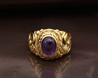 Amethyst Brass Ring, Purple Gemstone Ring, Boho Statement Jewelry, Handmade Vintage Style Ring, Healing Crystal Ring, Gift for Women