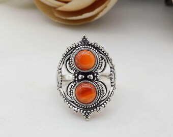 Carnelian Ring, Orange Gemstone Ring, Sterling Silver Statement Ring, Double Stone Ring, Vintage Boho Ring, Filigree Jewelry