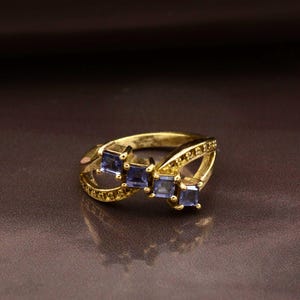 Blue Sapphire Brass Ring, Square Cut Gemstone Band, Handmade Boho Jewelry, Healing Crystal Ring, Unique Crossover Ring Gift for Her